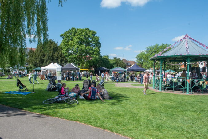 Gazebos on a meadow.