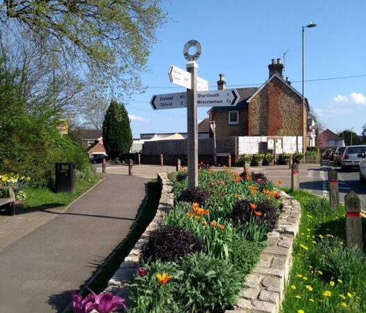 Street scene with wooden directional sign and flowers
