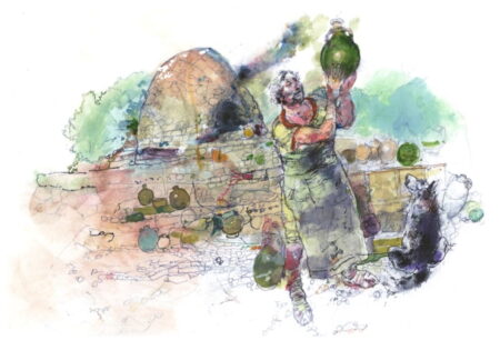 Watercolour of a Roman potter