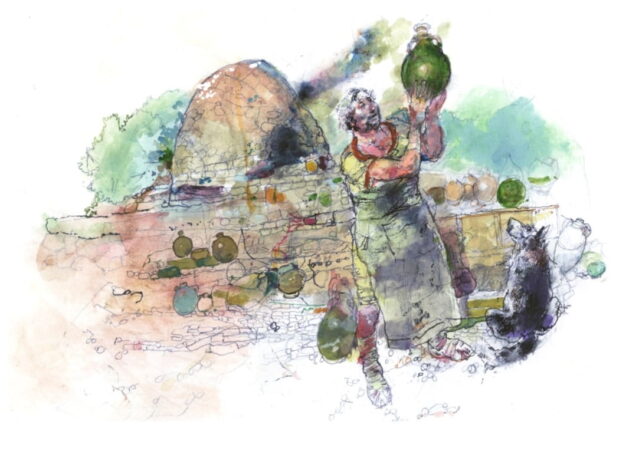Watercolour of a Roman potter